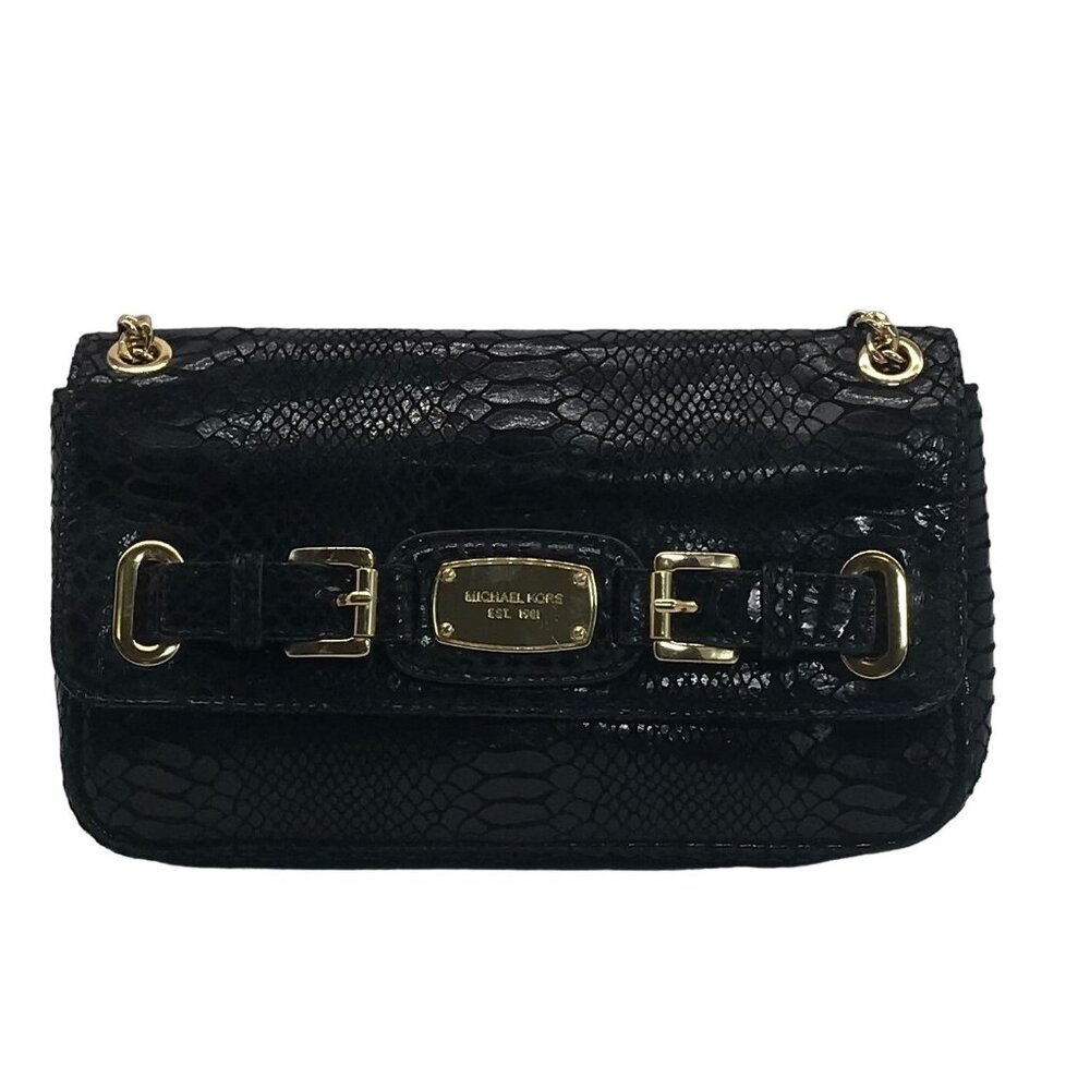 Michael Kors Black Python Leather Hamilton Flap Shoulder Bag